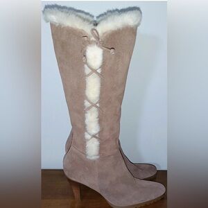 St. John's Bay Taupe Suede Knee-High Boots with Fur Detail
